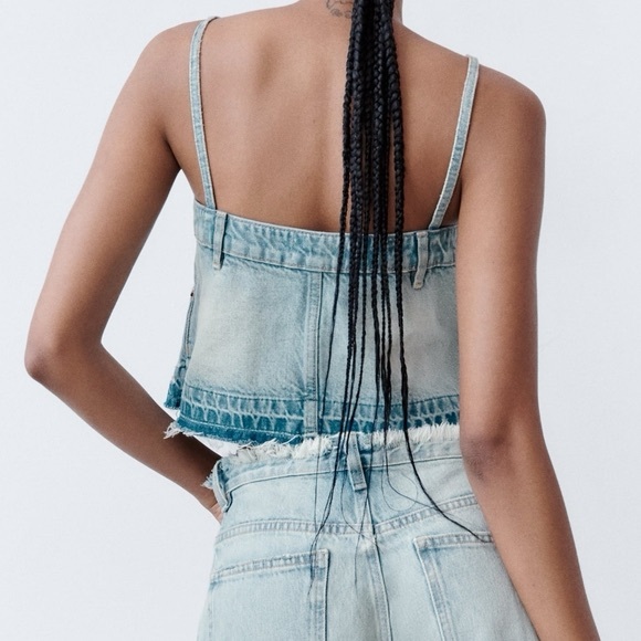 NWT ZARA Skirt Effect Crop Denim Spaghetti Straps Jean Tank Top 5252/201 Sz M - Picture 3 of 15